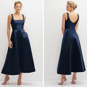 NWT Dessy Collection Square Neck Satin Twill Midi Dress Pockets Size 14 3140